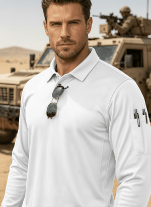 TACVASEN White Long Sleeve Quick Dry Tactical Performance Polo Shirt