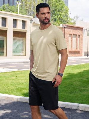 TACVASEN Khaki Men Plain Cotton Moisture Wicking Casual T-Shirts