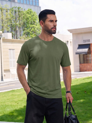 TACVASEN Army Green Men Plain Cotton Moisture Wicking Casual T-Shirts