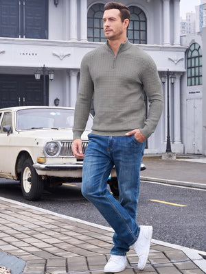 TACVASEN Dark Grey Men's 1/4 Zipper Pullover Knitted Textured Sweater