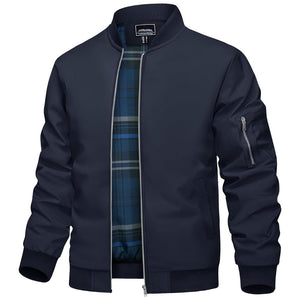 TACVASEN Navy Men's Bomber Jacket Lightweight Windbreaker Plaid Lined