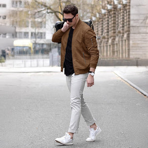 TACVASEN Brown Vintage Bomber Flight Jacket Zip - Pocket