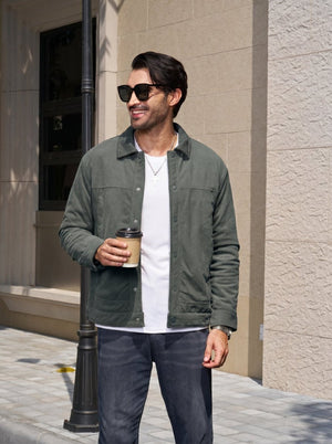 TACVASEN Dark Grey Men's Corduroy Warm Winter Jacket With Multi Pockets