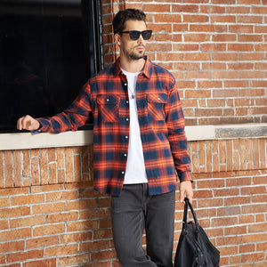 TACVASEN Orange Men's Cotton Flannel Shirt Plaid Lightweight Jacket