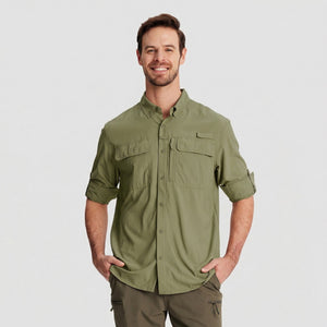 TACVASEN Grey Green Men's Fishing Shirts UPF Sun Protection Shirts with Zipper Pockets