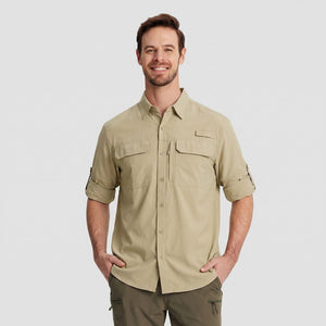 TACVASEN Light Khaki Men's Fishing Shirts UPF Sun Protection Shirts with Zipper Pockets