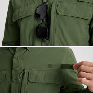 TACVASEN Army Green Men's Fishing Shirts UPF Sun Protection Shirts with Zipper Pockets