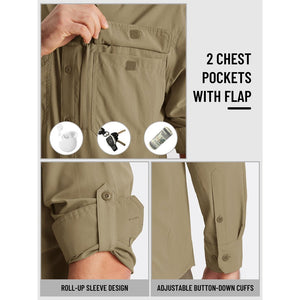 TACVASEN Army Green Men's Fishing Shirts UPF Sun Protection Shirts with Zipper Pockets