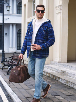 TACVASEN Blue Grey Men's Flannel Plaid Shirt Jacket With 5 Pockets