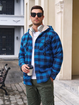 TACVASEN Bright Blue Men's Flannel Plaid Shirt Jacket With 5 Pockets