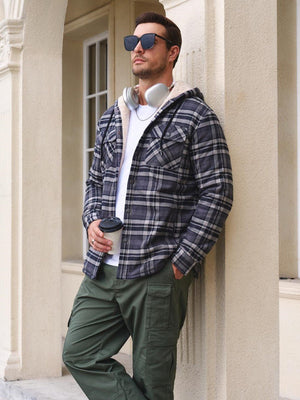 TACVASEN Black Grey Men's Flannel Plaid Shirt Jacket With 5 Pockets