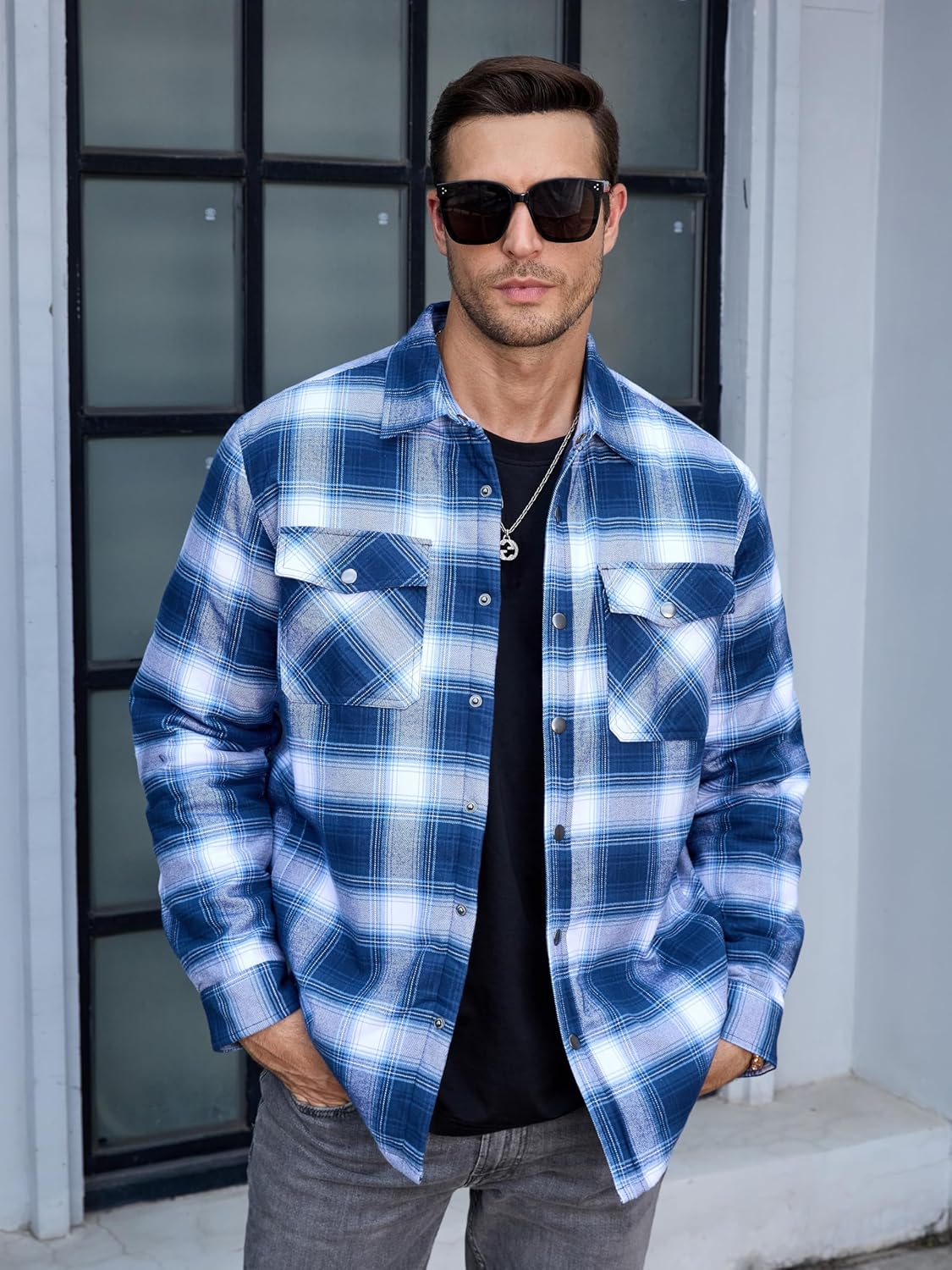 TACVASEN Blue White Men's Flannel Shirt Long Sleeve Button Down Jacket