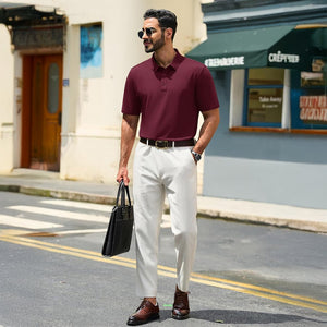 TACVASEN Wine Red Men's Pique Polo Shirt Short Sleeve Cooling Golf Top