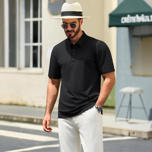 TACVASEN Black Men's Pique Polo Shirt Short Sleeve Cooling Golf Top