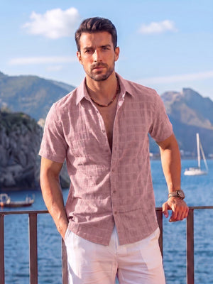 TACVASEN Light Pink Men's Textured Casual Button Down Short Sleeve