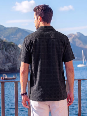 TACVASEN Black Men's Textured Casual Button Down Short Sleeve