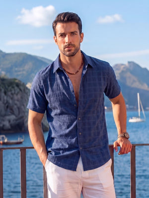 TACVASEN Navy Men's Textured Casual Button Down Short Sleeve
