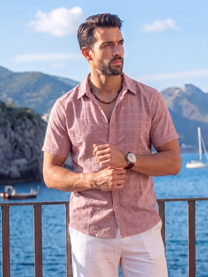 TACVASEN Light Pink Men's Textured Casual Button Down Short Sleeve