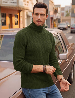 TACVASEN Army Green Men's Turtleneck Pullover Cable Sweater