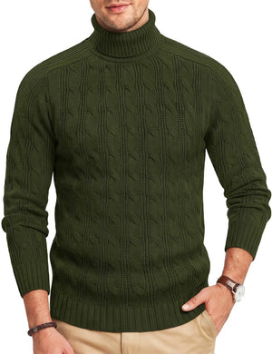 TACVASEN Army Green Men's Turtleneck Pullover Cable Sweater