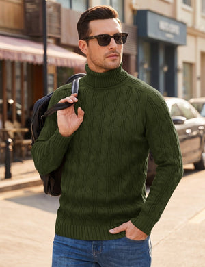 TACVASEN Army Green Men's Turtleneck Pullover Cable Sweater