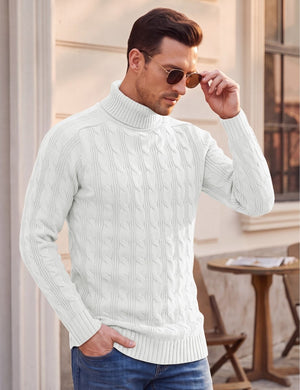 TACVASEN White Men's Turtleneck Pullover Cable Sweater