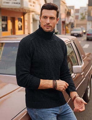 TACVASEN Black Men's Turtleneck Pullover Cable Sweater