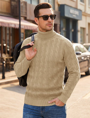 TACVASEN Khaki Men's Turtleneck Pullover Cable Sweater