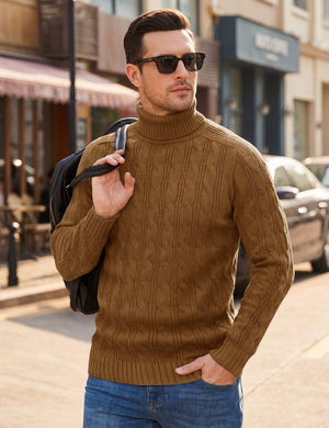 TACVASEN Dark Brown Men's Turtleneck Pullover Cable Sweater