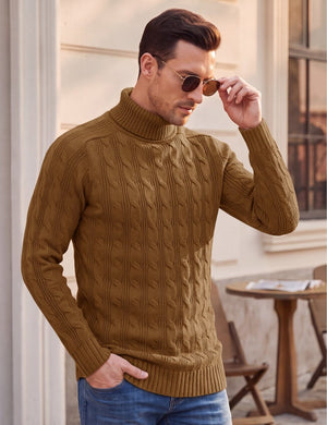 TACVASEN Dark Brown Men's Turtleneck Pullover Cable Sweater