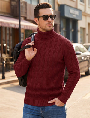 TACVASEN Red Men's Turtleneck Pullover Cable Sweater