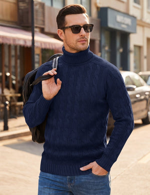 TACVASEN Navy Men's Turtleneck Pullover Cable Sweater