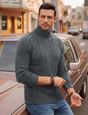 TACVASEN Dark Grey Men's Turtleneck Pullover Cable Sweater