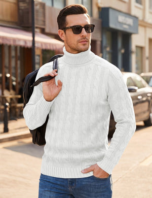 TACVASEN White Men's Turtleneck Pullover Cable Sweater