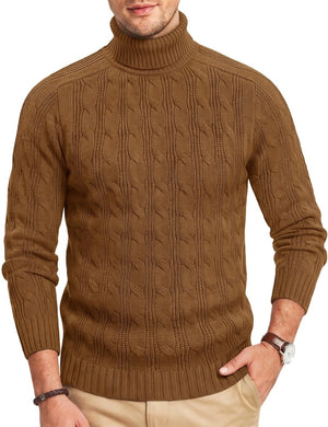 TACVASEN Dark Brown Men's Turtleneck Pullover Cable Sweater