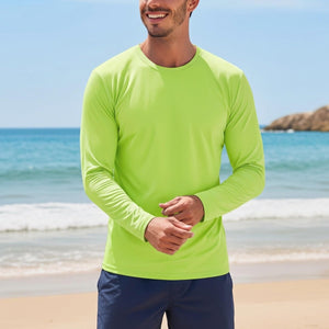 TACVASEN Fluorescent Green Men's UPF 80+ Sun Shirt Quick Dry Long Sleeve Rashguard