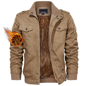 TACVASEN Khaki Men's Fleece Lined Cotton Casual Cargo Bomber Jacket