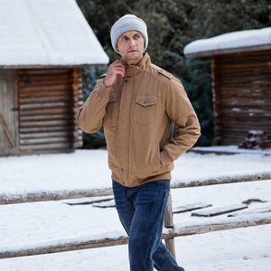 TACVASEN Khaki Men's Fleece Lined Cotton Casual Cargo Bomber Jacket