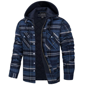 TACVASEN Blue Grey Men's Quilted Plaid Flannel Detachable Hooded Jacket