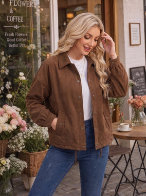TACVASEN Brown Women's Casual Collared Suede Jacket