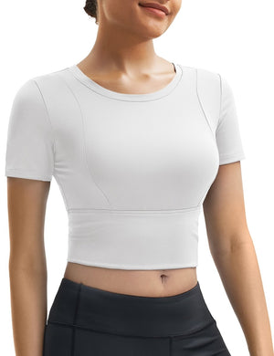 TACVASEN White Women's Crop Workout Tops Yoga Short Sleeve
