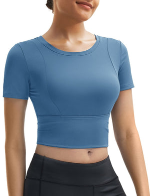 TACVASEN Hazy Blue Women's Crop Workout Tops Yoga Short Sleeve