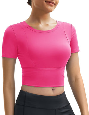 TACVASEN Rose Red Women's Crop Workout Tops Yoga Short Sleeve