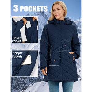 TACVASEN Navy Women's Long Waterproof Puffer Jacket with Hood