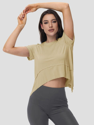 TACVASEN Light Khaki Women's Short Sleeve Athletic Yoga Crop Shirts