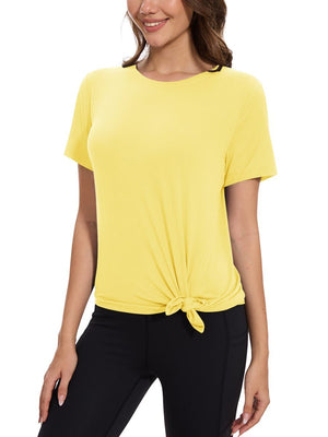 TACVASEN Light Yellow Women's Side Slit Workout Short Sleeve Shirts