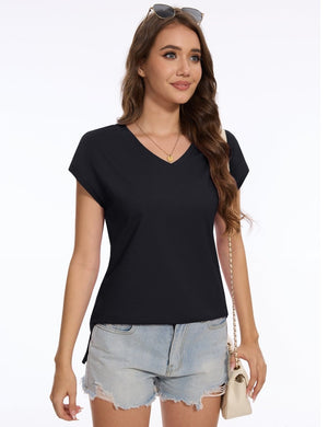 TACVASEN Black Women's V Neck Cap Sleeve Cotton T-Shirt