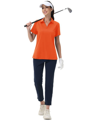 TACVASEN Deep Orange Women's V-Neck UPF 50+ Quick Dry Golf Polos