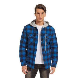 TACVASEN Blue Grey Men's Hooded Thick Plaid Flannel Long Sleeve Winter Cotton Coat with Pockets
