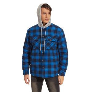 TACVASEN Blue Grey Men's Hooded Thick Plaid Flannel Long Sleeve Winter Cotton Coat with Pockets